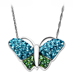 Sterling Silver Blue and Green Crystal Butterfly Necklace