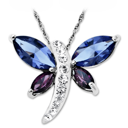 Sterling Silver Clear, Blue &Amethyst Crystal Butterfly Necklace