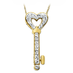 Gold Plated Sterling Silver Clear Crystal Heart Key Necklace