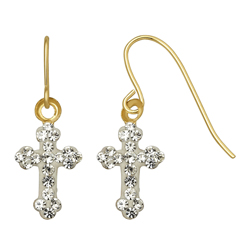 14KT Gold Clear Crystal Cross Drop Earrings