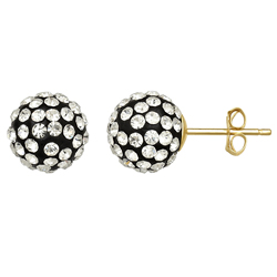 10KT Gold 7.8mm Black & Clear Crystal Ball Earrings